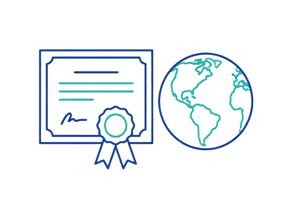 Illustration of a certificate with a seal next to a globe