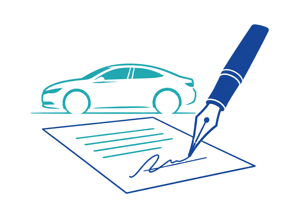 Illustration of a pen signing a document with a car behind it