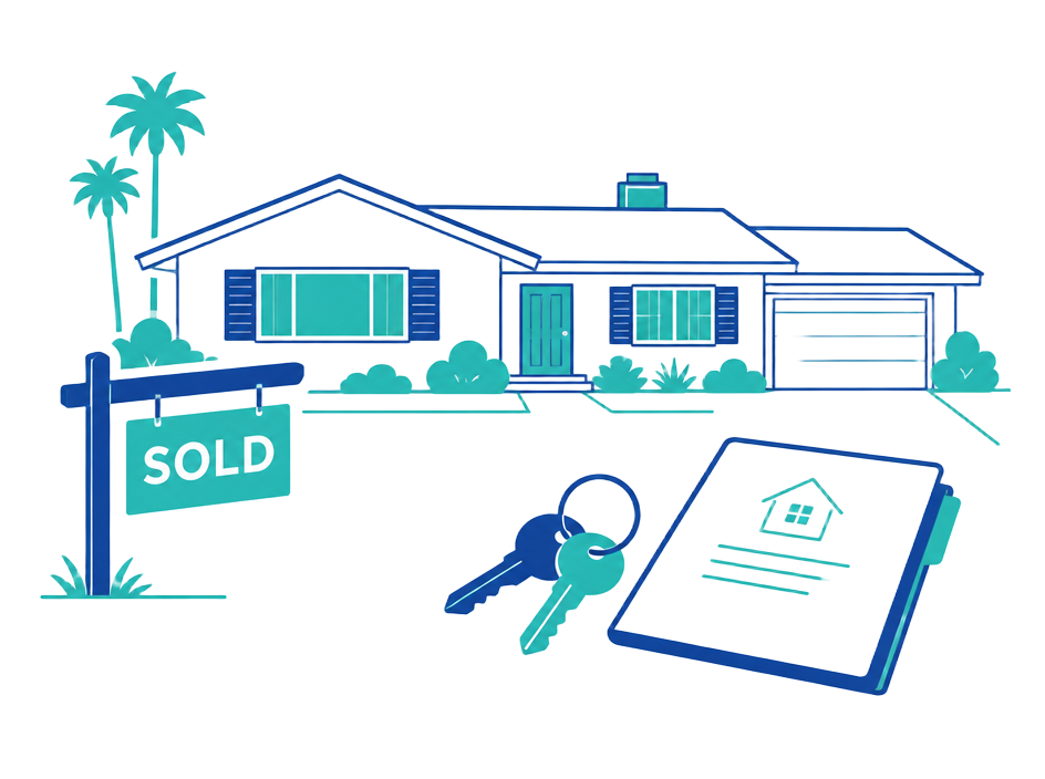 Illustration of a house with a sold sign, keys and a document folder